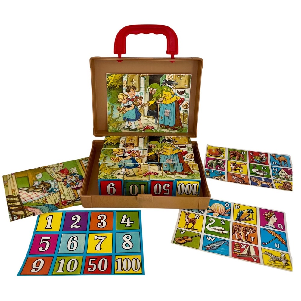 Cube Puzzle EICHHORN Alphabet Number Picture Wooden Germany Vintage Toy Set
